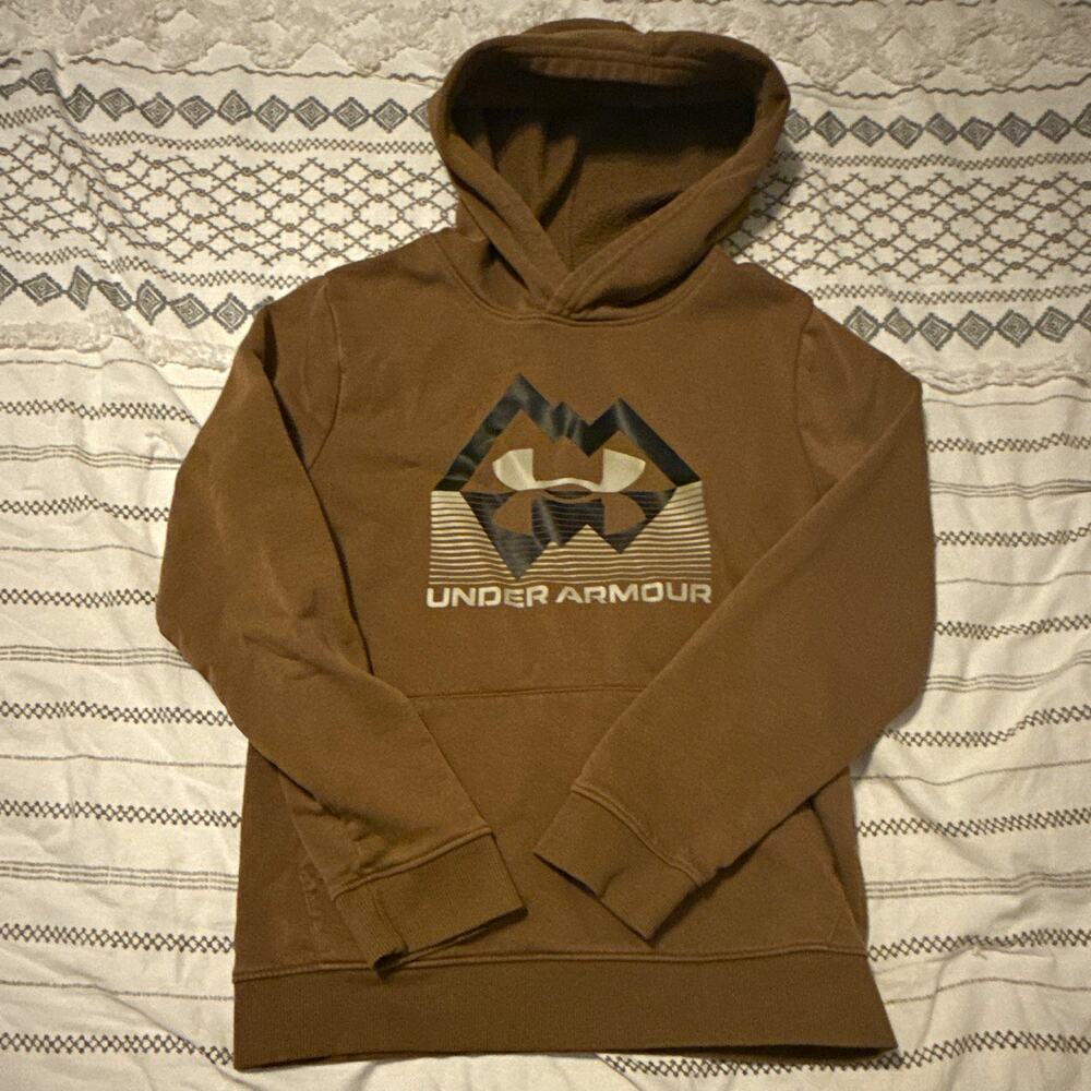 Under Armour Boys Youth Medium Brown Pullover Hoodie Logo Hooded Pockets